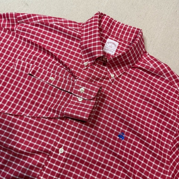 Brooks Brothers Shirt Mens Large Plaid Red White Supima Cotton Long Sleeve - Picture 1 of 6